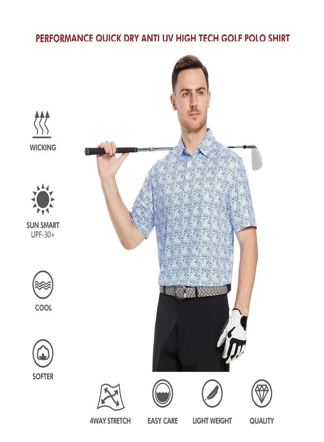 M MAELREG Golf Shirts for Men Dry Fit Short Sleeve Print Performance Moisture Wicking Polo Shirt White Blue Bubble - Image 5